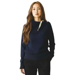 Banana Republic Nautical Ribbed Navy Longsleeve Button Cowl Turtleneck Sweater-S